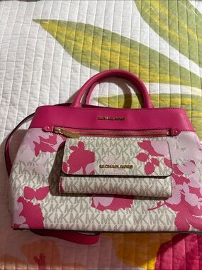 Michael Kors Pink Floral Logo Satchel with Matching Wallet
